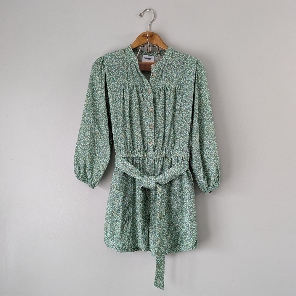 FRNCH Romper Women's Large Green Floral Talia Sage Tie Waist Puff Sleeve - Picture 1 of 10